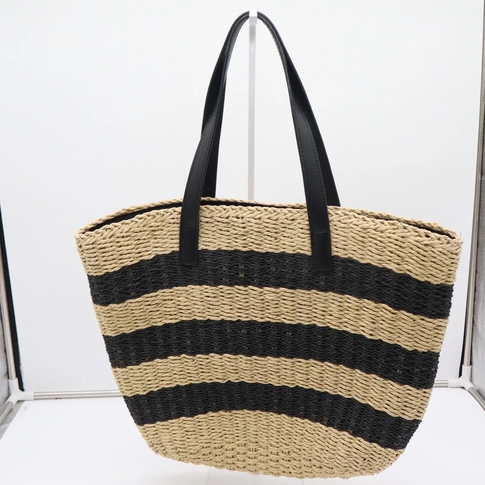 Gap Striped Straw Tote Bag Black Beige Woven Paper Beach Shoulder Bag